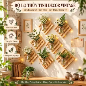 Bộ Khung Gỗ Hình Thoi Kèm Lọ Hoa Thủy Tinh Treo Tường Trang Trí Nhà Cửa Rustic