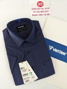 [Việt Tiến Sale] Sơ Mi Ngắn Tay - Regular Fit - Vạt vuông - Hình khối màu trắng trên nền xanh navy - size 38