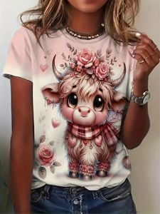 Pastel Pink Floral Cow Womens Tee - Cute Fluffy Calf & Rose Heart Graphic Sweet Romantic Print Design for Casual Daily Wear