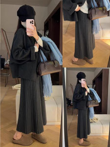 Váy Dài Xếp Ly Màu Xám Đậm Cho Bà Bầu Váy Dài Chữ a Cổ Điển Bằng Len Dệt Kim Mùa Thu Đông Váy Dài Xếp Ly Cạp Cao