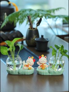 Zhaocai Cat Desktop Ornament 招财猫桌面摆件 绿萝水培装饰品  Green Luo Hydroponic Decoration Flowers Plants Glass Vase 鲜花植物玻璃花瓶