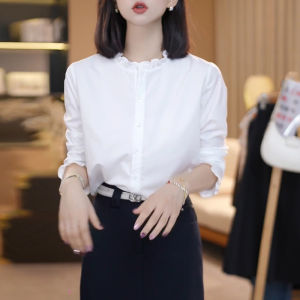 Shalldoer | Elegant French Style White Wooden Ear Detail Long Sleeve Blouse