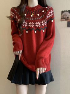 plus Size Christmas New Year Red Fair Isle Knit Sweater Long Sleeve Autumn Winter Vintage Embroidery Womens Loose Fit Top