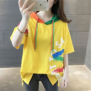 Loose Womens Short Sleeve Hoodie Graffiti Spliced Color Summer Clothes Student Korean Style plus Size for Women over 200 Pounds