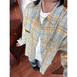 Yellow Grid Sun Protection Shirt Mens Summer American Retro Plaid Long Sleeves Shirt Vintage Fancy Outwear