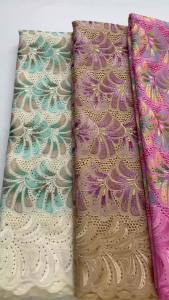 Luxury African Swiss Voile Cotton Lace Fabric 5Yards Green & Orange Fan Embroidery with Rhinestones For Party Wedding Dresses