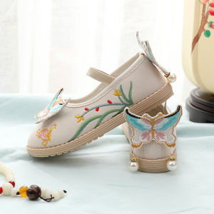 รองเท้าเด็กผู้หญิงสไตล์ฮันฟูปักลายพื้นนุ่ม รองเท้าเด็กสไตล์โบราณ พื้นผ้าถัก พื้นยาง รองเท้าเด็กที่สวมใส่สบาย