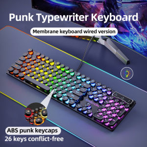 EWEADN GX330 Typewriter Gaming Keyboard 104 Keys Wired Retro Punk Round Keycaps with RGB Backlit for Windows Laptop PC black