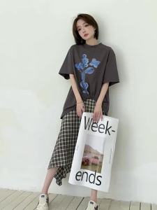 Spliced Faux Two-Piece Printed Dress with Irregular Checkerboard Design
