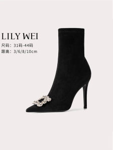Lily Wei Black Crystal Short Boots Fleece Lined Slim Heel Pointed Toe Rhinestone High Heels Large Size 41-43 Fashion Boots