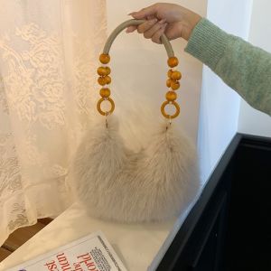 New Plush Women Handbag Wood Bead Hand Bag Portable Fluffy Dumpling Bag Fashion Shoulder Bag Soft