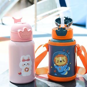 480ml Kids Thermos Bottle Cute Childrens Thermal Water Bottle with Straw Stainless Steel Thermos Mug for Kid Portable Water Cup