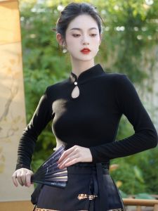 Black Hollow out Slim Fit T-Shirt with Button Detailing Traditional Chinese Style Top for Women Autumn Season Fashion Trend