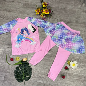 Đồ bơi 2 mảnh bé gái áo phủ bụng dài tay quần dài họa tiết nàng tiên cá đáng yêu đủ size 10kg đến 30kg BINSPORTS BB066