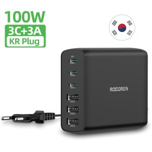 Rocoren 100W GaN Charger USB Type C PD Fast Charger Quick Charge 4.0 3.0 Multiple Desktop Charging Station For iPhone 15 Xiaomi