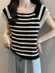 Plus Size Womens Square Collar off-Shoulder Short-Sleeved T-shirt Female Summer Plus Size Ladies Loose Slimming Stripes Flying Sleeves Knitting Tops