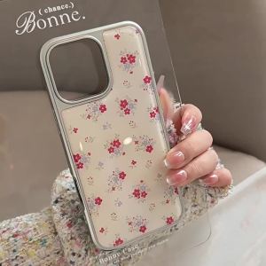 Potdemiel | Ốp Điện Thoại iPhone 17/16/15/14/13/12 Pro Max Chống Sốc Mặt Lưng Cứng Họa Tiết Lưới Hồng Hàn Quốc Viền Bạc Mạ Keo