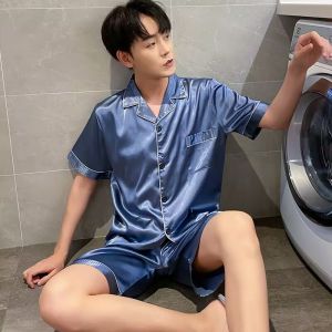 Couples Summer Ice Silk Short Sleeve Sleepwear Set Luxury Home Clothes Cartoon Print Polyester Fiber Youth Size Comfortable Fit