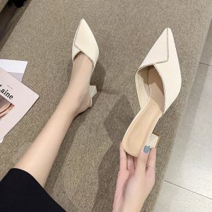 New Womens Summer Outdoor Wear Pointed Toe High Heels Try Room Slippers Half Slippers Comfortable Rubber Sole PU Material