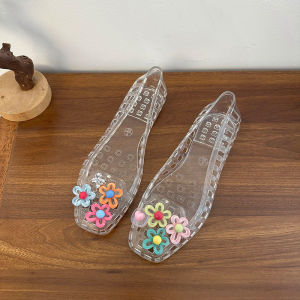 IELGY 2025 Korean Jelly Crystal Slipper Flat Bottom Shallow Square Toe Cutout Lazy Transparent DIY Summer Womens sandals