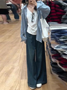 สไตล์อเมริกัน สูง เอว ขาตรง เดนิม กางเกงยีนส์ ผู้หญิง ฤดูใบไม้ผลิ ฤดูใบไม้ร่วง ใหม่ พรางหุ่น Drapey Flared ความยาวพื้น กางเกง