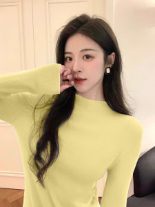 ชิค เสื้อตัวในแขนยาวผ้าถัก ผู้หญิง Half High ปกเสื้อ เสื้อตัวใน สีเหลือง สีนม ความสง่างามแบบอ่อนโยน เสื้อท่อนบน