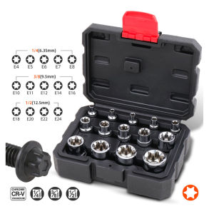 14Pcs Female E-TORX Star Socket Set E4 - E24 Torque Socket Set 1/4"Dr. 3/8"Dr. 1/2"Dr.