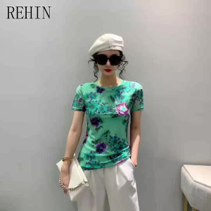 REHIN Womens T-shirts New Summer fashion mesh flowers floral printed short-sleeved T-shirt round-neck Slim thin elegant trend tops