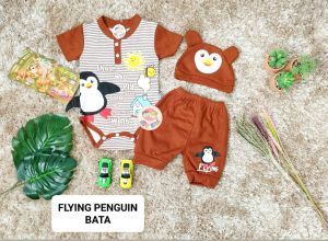 Setelan Baju Bayi Laki-laki Atasan Jumper Dan Celana Motif Flying Penguin Estimasi Usia 0-6 Bulan