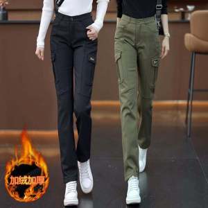 กางเกงทำงานสไตล์อเมริกันสำหรับผู้หญิง กางเกงขายาวทรงตรงหนา ปิดซิป ทรงหลวม ฤดูใบไม้ร่วง/ฤดูหนาว กางเกงขายาวทรงตรง