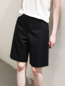 Miccbeirn | Pure Flax Short Pants Simple Casual Wide Leg Womens Straight Cut Slimming Drapey Five-Quarter Length Commute Style High Waist