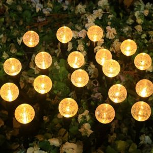 1PC 10/20 LED Solar Powered Crackle Glass Ball Stake String LightsWaterproof Outdoor Light for Garden Pathway Patio Yard Decor