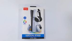 ขาตั้งแนวตั้งสำหรับ PS5 Pro / PS5 Slim พร้อมที่ชาร์จคอนโทรลเลอร์ PS5 ไฟ RGB สีสันสวยงาม และที่แขวนหูฟังแบบพรีเมียม