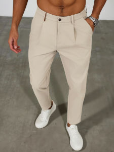 Mens Tapered Pleated Dress Pants Stretch Polyester Elastane Regular Fit Business Casual Black Beige Long Trousers