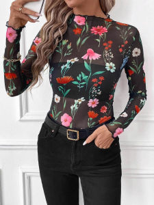 เสื้อยืดเข้ารูปลายเสือดาว แขนยาว คอตั้ง ปกเสื้อ ผ้าโพลีเอสเตอร์ ฤดูใบไม้ร่วง 2025 สำหรับผู้หญิง เสื้อยืดคอตั้ง