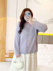 plus Size Knitted Cardigan Sweater Versatile Early Spring Fashion for Women over 220 Pounds round Neck Long Sleeve Solid Color