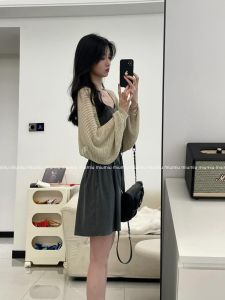 French Style Strap Dress Set Women Summer New Elegant Gentle Match Knitted Shawl Cardigan Dress Two Pieces Small Size