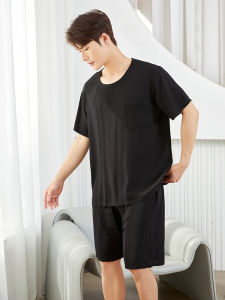 KASIHAN | Solid Black Cotton Silk Mens Lightweight Summer Sleepwear Set