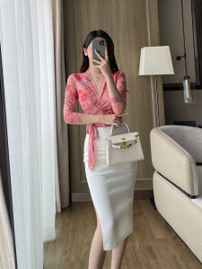 Pink Print Slim Fit Womens Top Summer New Style Lightweight Maturity Atmosphere Sunscreen V-neck Long Sleeve Short Wrap Body Shirt