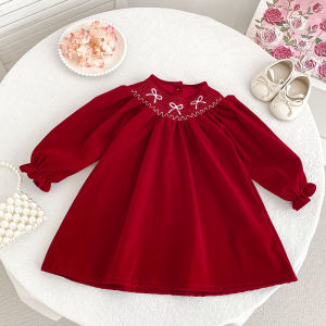 2025 Winter Kids Baby Girls Dress Red Bow Kids Baby Girls Long Sleeve Sweet Christmas Princess Dress New Children Clothes Dress
