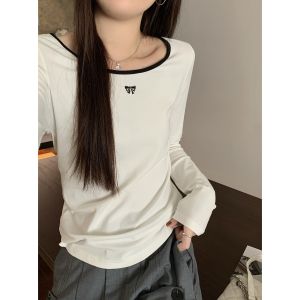 Autumn Korean Style Long Sleeve T-Shirt Womens Casual round Neck Embroidered Pure Cotton Butterfly Knot Versatile Top