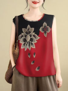 Summer Womens Tank Top Loose Printed Sleeveless Inner Wear Casual Fashion Belly Covering Top Thin Plant Floral Pattern