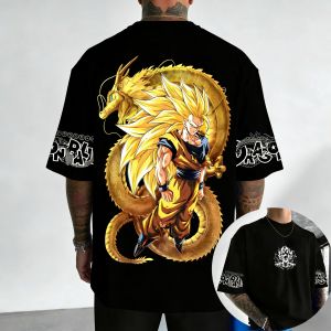 Bandai | Dragon Ball Anime Cotton T-shirt Summer New Super Saiyan 3 Printed Mens and Womens Hip Hop Oversized Casual Short Sleeve Top