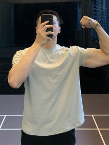 Mens Training T-Shirt Short Sleeve Loose Bottom Tight Top Fitness Sportswear Quick Dry Cotton Polyester round Neck Summer