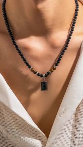PURUI | PuRui Nam Hip Hop Hình Học Mặt Dây Chuyền Vòng Cổ Đen Acrylic Hạt Đá Tự Nhiên Thép Không Gỉ Choker Trang Sức Thời Trang
