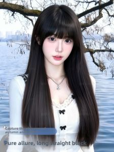 QIAOYIDUO | Realistic Smooth No-Prep Mid Part White Moonlight Black Long Straight Full Wig