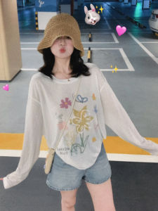 YUEZHONGWEI | Áo thun tay dài in hoa lụa băng phong cách Mỹ mùa hè mỏng rộng rãi làm mát không khí áo khoác ngoài chống tia UV