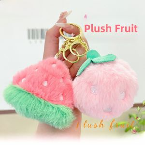 Soft Plush Cartoon Keychain Cute Watermelon Car Keychain Bag Pendant Keyring Furry Animal Shape Vehicle Key Holder Accessory