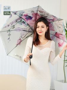 New Double Layer Sunshade Umbrella Black Glue UV Protection Embroidered Lace Three Fold Womens Sun Rain Umbrella Retro Style