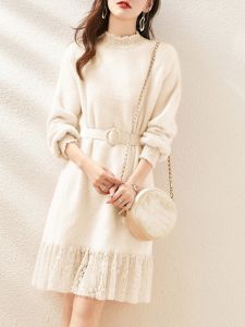 Váy Dệt Kim Ren Dày Thời Trang Thu Đông Mới Rộng Rãi Thon Gọn Váy Dệt Kim Nữ Váy Midi Cổ Cao Tay Dài